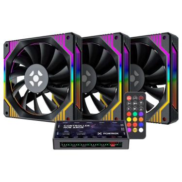 Imagem de Kit 3 Coolers 120mm Fortrek Frosty - LED ARGB - com Controladora - Preto - 84966