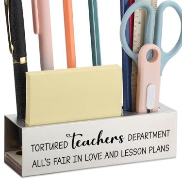 Imagem de Organizador de mesa engraçado para professores, citação do departamento de professores torturados, presente de agradecimento para mulheres e homens, suporte de material de escritório de aço inoxidável
