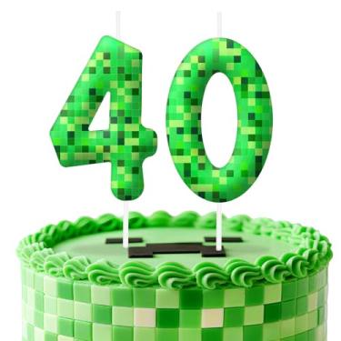 Imagem de Velas de aniversário verdes número 40, topo de bolo com tema de pixel para decoração de bolo para meninos e meninas, decorações de aniversário, suprimentos de festa, velas numéricas para decoração de