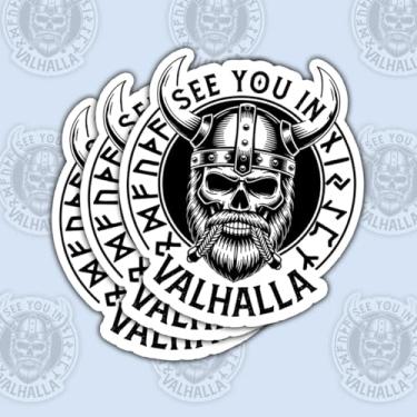 Imagem de Adesivo de 3 peças See You in Valhalla – Design de capacete de caveira viking com runas nórdicas, decalque de vinil com símbolo de guerreiro nórdico à prova d'água – Presente para fãs e lutadores