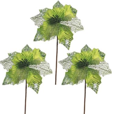 Imagem de Jogo 3 Flores Bico de Papagaio Verde Mescla Pick Natal Luxo 20cm - Magizi