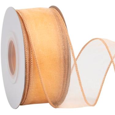 Imagem de Zofrud Fita com fio de organza dourada de 3,5 cm – Fita transparente de 20 metros com borda metálica para embrulho de presente, laços, arranjos florais, artesanato e decorações de casamento