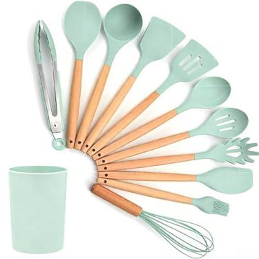 Imagem de Utensílios de cozinha Colher Espátula de silicone Cabo de madeira Decoração livre(31.5CM-Verde claro)