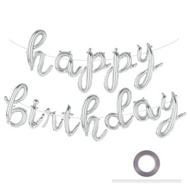 Imagem de Silver Happy Birthday Balloons, Script Foil Mylar Birthday Letter Balloon, Cursive Happy Birthday Banner for Kids and Adults Birthday Party Decorations (Silver)