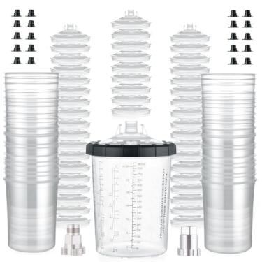 Imagem de AEROPRO Ferramentas de revestimento de copos de tinta descartáveis e sistema de tampa, pacote com 50 kit de 800 ml para pistola de pulverização - 50 forros de copo, 50 tampas com filtro, 1 copo rígido