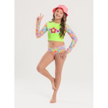 Imagem de Conjunto Biquíni Infantil Menina Verde Cropped Manga Longa e Calcinha 