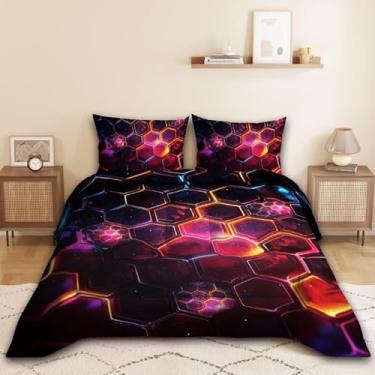 Imagem de Namoxpa Conjunto de edredom vermelho e preto, com tema de galáxia de favo de mel claro, estampa 3D para crianças, adolescentes e adultos, conjunto de edredom decorativo com 2 fronhas, tamanho casal