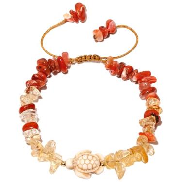 Imagem de Jewever Tartaruga marinha com lascas de cristal real Reiki pulseira de quartzo para mulheres cristais de cura ajustáveis acessórios de praia presentes de aniversário, 7, Pedra, Citrino
