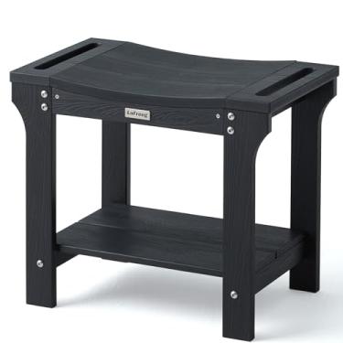 Imagem de LaFroug Banco de chuveiro HDPS de 51 cm, banco de chuveiro de madeira de poliéster impermeável, assento de cadeira de spa de banho de plástico de 2 camadas para barbear as pernas com prateleira de