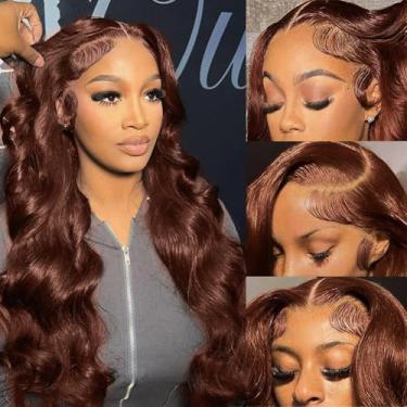 Imagem de IDHERE Perucas de cabelo humano de 66 cm marrom avermelhado ondulado frontal de renda 33 x 15 cm peruca frontal de renda colorida ruiva, densidade 220, perucas sem cola, perucas frontais de renda para