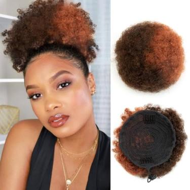 Imagem de Boymia Afro Puff 15 cm #P4-30 Meio Marrom Médio Meio Vermelho Cobre 100% Cabelo Humano Remy Afro Americano Encaracolado Crespo Cordão Extensões de Cabelo Humano Genuíno