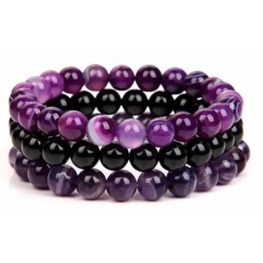 Imagem de WFJ Conjunto de pulseiras de proteção tripla de hematita obsidiana preta com contas de 10 mm, pulseiras de contas de olho de tigre azul, pulseiras de pedra vulcânica para homens e mulheres, Meidum, Pedra, falso