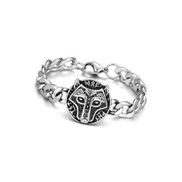 Imagem de Zysta Pulseira masculina de aço inoxidável, bússola, cabeça de lobo, nó da trindade, árvore da vida, corrente de elos góticos, motociclista, moda e joia viking pesada para homens, Medium, Sem Pedra