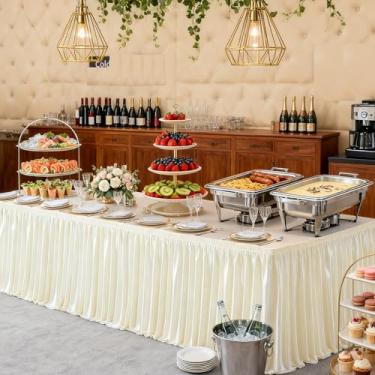 Imagem de Wish Care Saia de mesa de cetim marfim de 5,2 m de comprimento para mesas retangulares, sem rugas, com glitter, toalha de mesa plissada com babados para casamento, aniversário, chá de bebê, festa