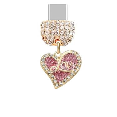 Imagem de ELISE & FONDA TP869 Tipo-C porta de carregamento cristal antipoeira plugue pequeno coração amor com glitter celular charme para iPhone 15/16/Samsung/OnePlus/Xiaomi/oppo telefones Android (rosa)
