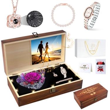 Imagem de Pasuvsigt Flores para entrega com colar I Love You, relógio, pulseira, buquês de rosas vermelhas e roxas duram 1-3 anos, presentes de flores de aniversário feitos à mão para mulheres, esposa, namorada