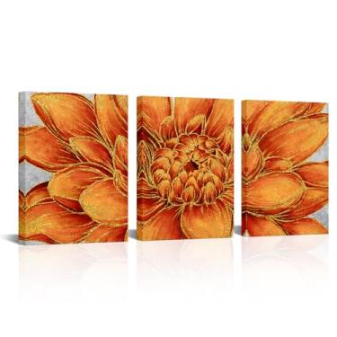 Imagem de WELMECO Arte de parede floral com pintura de textura dourada impressões em tela emoldurada, imagem de flor rústica, quarto, sala de estar, banheiro, decoração de parede, 30 x 40 cm x 3 peças (laranja)