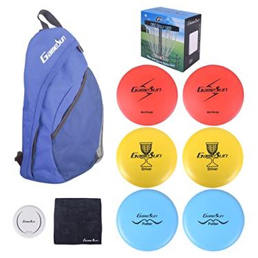 Imagem de O conjunto de golfe da DISC inclui 1 mochila de nylon, 2 motoristas, 2 peças de faixas médias, 2 putters, 1 mini marcador de disco, 1 peça de 30,5 x 30,5 cm, toalha preta com logotipo bordado e 1 caixa colorida de presente
