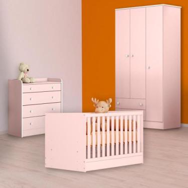 Imagem de Berço Mini Cama, Cômoda Trocador e Guarda Roupa Rosa - Qmovi