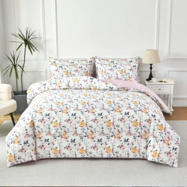 Imagem de URBONUR Conjunto de capa de edredom floral de jardim 100% algodão egípcio cetim sedoso macio respirável durável conjuntos de cama roxo amarelo flores impressas em branco (3 peças, solteiro, 162 x 213