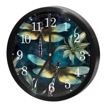 Imagem de LILINWAN Relógio de parede verde libélulas 24 cm silencioso sem tique-taque operado por bateria relógios de parede decorativos para escritório, escola, quarto, casa