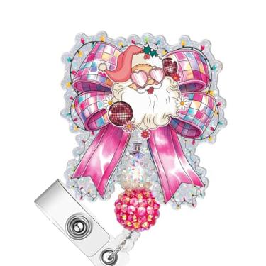 Imagem de Carretel de crachá de Natal fofo, porta-crachá de acrílico retrátil rosa Papai Noel para enfermeiros, crachá divertido com clipe jacaré para equipe médica, acessórios de trabalho MA CNA LPN
