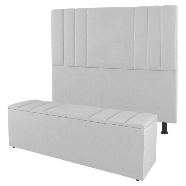 Imagem de Kit Cabeceira e Baú Cama Box Queen Size Grace 160cm Sintético Branco - Desk Design