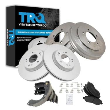 Imagem de TRQ Pastilha e rotor de freio dianteiro e traseiro, kit de sapata e tambor semi-metálico revestido com G premium compatível com Chrysler Sebring 2007-2009 Dodge Avenger 2008-2017 Jeep Compass Patriot