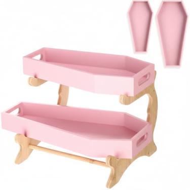 Imagem de Leinuosen Pacote com 2 bandejas de caixão rosa para decoração de Halloween de 33 e 28 cm com suporte de bambu, caixão de madeira, placa de charcutaria, decoração gótica para festa, casa, banheiro