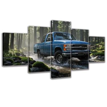 Imagem de CANLUNTE 5 painéis vintage azul caminhonete cruzando rio em floresta densa impressão em tela - pintura de parede para decoração de casa (art-2, grande 152 x 76 cm sem moldura)