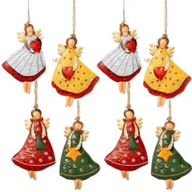 Imagem de 8 peças de enfeites de anjo para pendurar em árvore de Natal, enfeites de anjo de metal pintado de dupla face, enfeites de anjo de estanho dançando, decorações de anjos voadores para festas de fim de