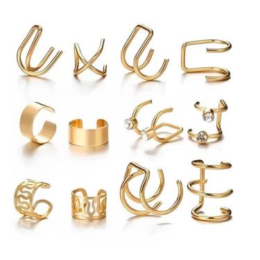 Imagem de Kit 12 Brincos Piercing de Pressão Orelha  Dourado, Prateado e Preto -