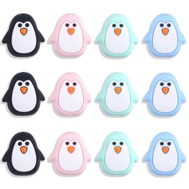 Imagem de 12 peças de contas de silicone de pinguim, contas focais de silicone de pinguim multicoloridas, animal para fazer chaveiros, contas soltas criativas a granel para canetas, artesanato, artesanato