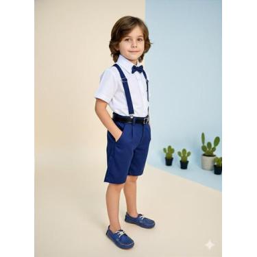 Imagem de Conjunto Social Infantil Camisa Gravata Short e Suspensório Azul Marin