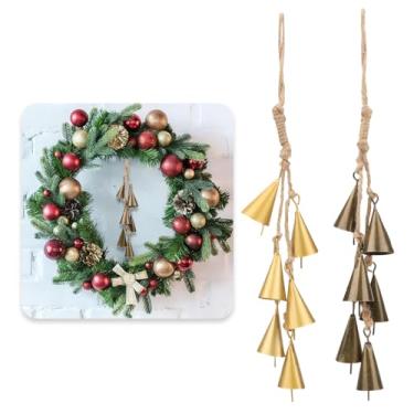 Imagem de Brosay 2 peças de sinos para decoração de Natal vintage sino de vaca rústico para pendurar na parede em corda de juta enfeites de sino para decoração de guirlandas de árvore de Natal (redondo)