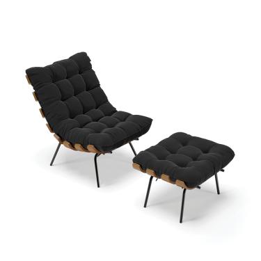 Imagem de Kit 01 Poltrona e 01 Puff Costela Suede Preto Base Metálica Preto - D'Rossi