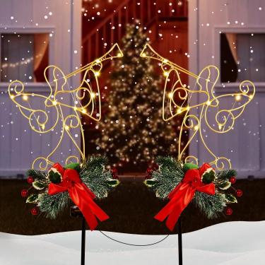 Imagem de HUYIENO 2 unidades de luzes solares de metal, decorações de quintal de Natal, estatuetas de anjo branco quente, estacas de enfeite de Natal para jardim, gramado, quintal