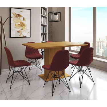 Imagem de Mesa Jantar Londres Retangular Canela 137X90Cm 6 Cadeiras Estofadas Vermelho Ferro Preto