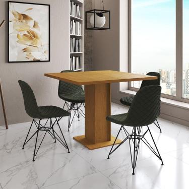 Imagem de Mesa Jantar Londres Quadrada Canela 90Cm 4 Cadeiras Eames Estofadas Verde Ferro Preto