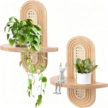 Imagem de Hongsane Prateleiras flutuantes para parede, conjunto de 2 prateleiras de vime boho, prateleiras decorativas pequenas exclusivas montadas na parede, prateleiras de madeira natural para sala de estar