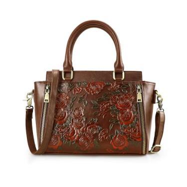 Imagem de Bolsa tiracolo feminina de couro bolsa de ombro média vintage em relevo rosa grande capacidade (café)