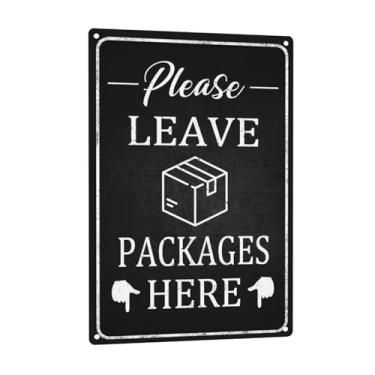Imagem de Placa de metal rústica vintage 20 x 30 cm - Deixe os pacotes aqui, citação de aviso, decoração de parede de ferro durável para caverna masculina, garagem, pátio, bar e cozinha, placa de parede de bar