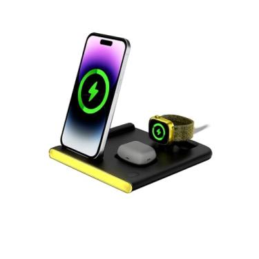 Imagem de Carregador Sem Fio Mag-Safe Rápido, Indução, Wireless, 4 em 1, 15W Dobrável, Estação de Carregamento Compatível com iPhone Apple Watch AirPods com Abajur LED (Preto)