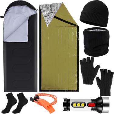 Imagem de Chicingyou 8 peças de cobertor térmico portátil de emergência, saco de dormir, lanterna solar recarregável, luvas de apito de segurança de emergência, cachecol, conjunto de gorro para acampamento