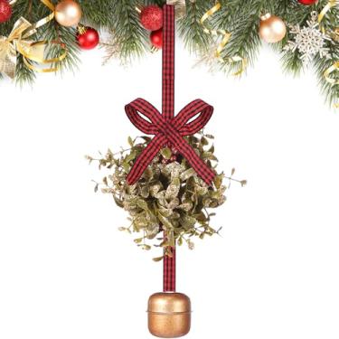 Imagem de Knitgrip Bola de beijo de visco de Natal com glitter com enfeite de sino com laço e frutas silvestres decoração artificial de visco para decoração de luz de teto de entrada (vermelho, fita guingão)