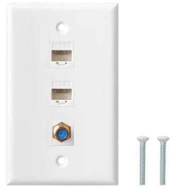 Imagem de Placa de parede coaxial Ethernet, 2 portas Cat6 Keystone fêmea para fêmea, 1 porta F tipo conector coaxial keystone fêmea para fêmea - branco