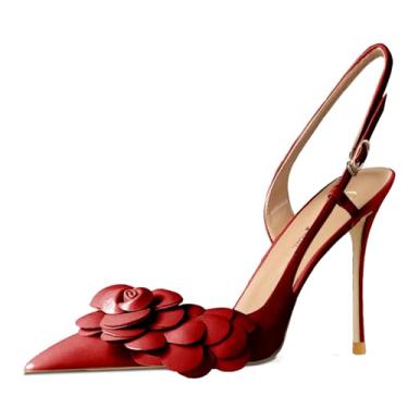 Imagem de Qunvngutui Sandália feminina sexy de bico fino com boca de flor, tira única, boca rasa, salto alto e tira no tornozelo, casual, festa, banquete, Borgonha, 41