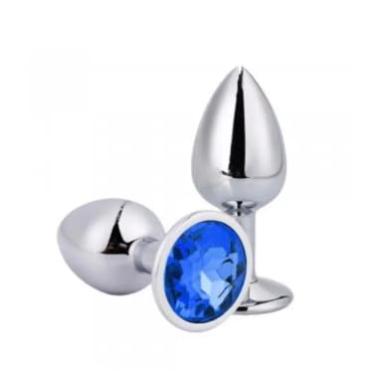 Imagem de Plug Anal de Aço Inoxidável com Pedra Redonda Tamanho M – Luxo, Sensação Térmica e Estímulo Intenso (Azul)