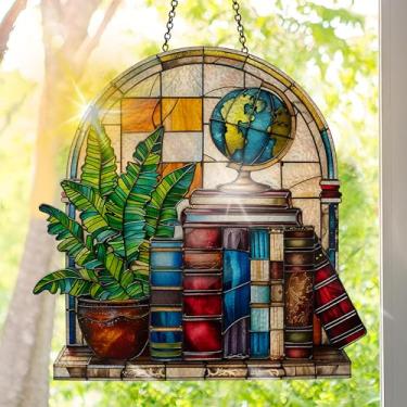 Imagem de Protetor solar de acrílico colorido, decoração de janela suspensa com design de vitral impresso, apanhador de sol, arte de parede de arco-íris, ornamentos de Natal para uso interno e externo 19,8 x