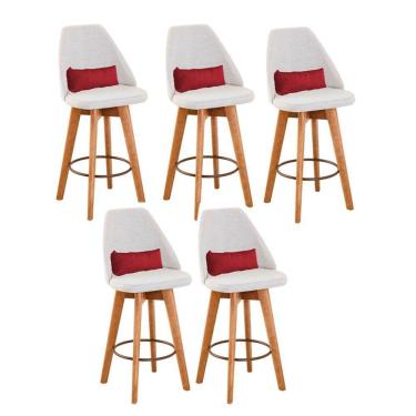 Imagem de Kit 05 Banquetas Alta Maya Giratória Com Encosto Linho Bege Claro e Almofada Sintético Vermelho - Aurora Line